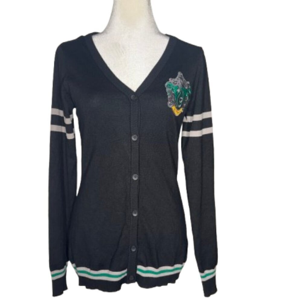 Harry Potter Slytherin V-Neck Long Sleeve Black Gray Knit Cardigan Sweater Med